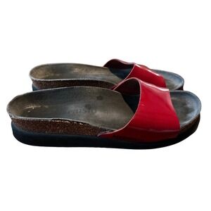 Mephisto Womens Red Patent Leather Cork Slide Sandals Comfort Shoes France